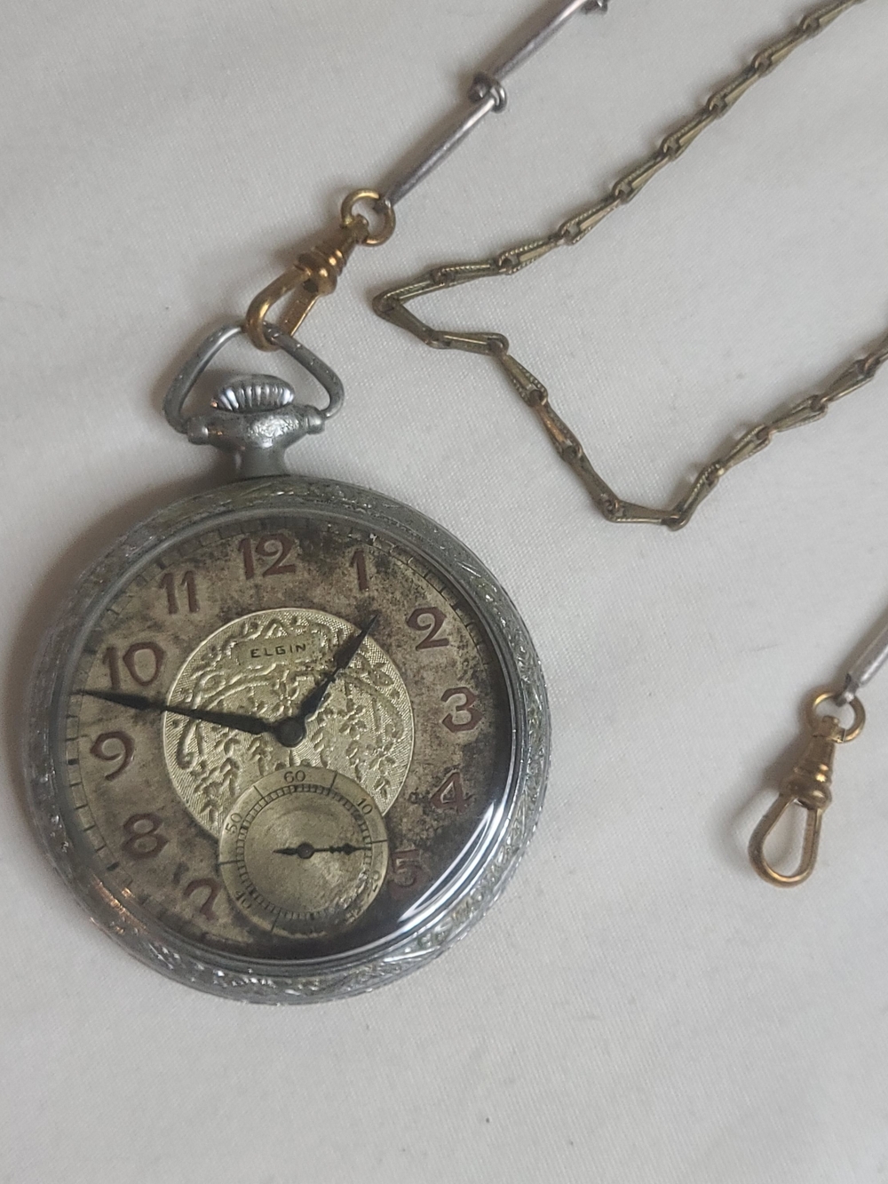 Antique Elgin Open-Face Pocket Watch With Watch Chain - For Parts Or Repair